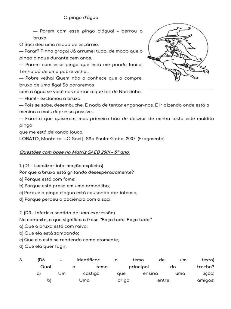 Pingo d'água: Questões sobre o texto | PDF | Linguística | Famílias ...