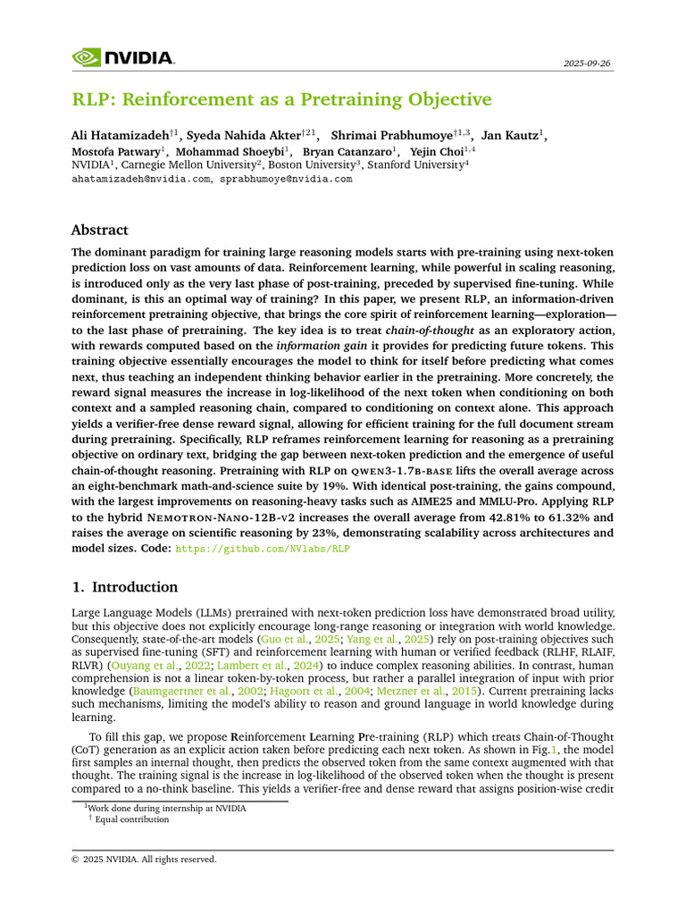 RLP: Reinforcement Learning Pretraining | PDF | Applied Mathematics ...