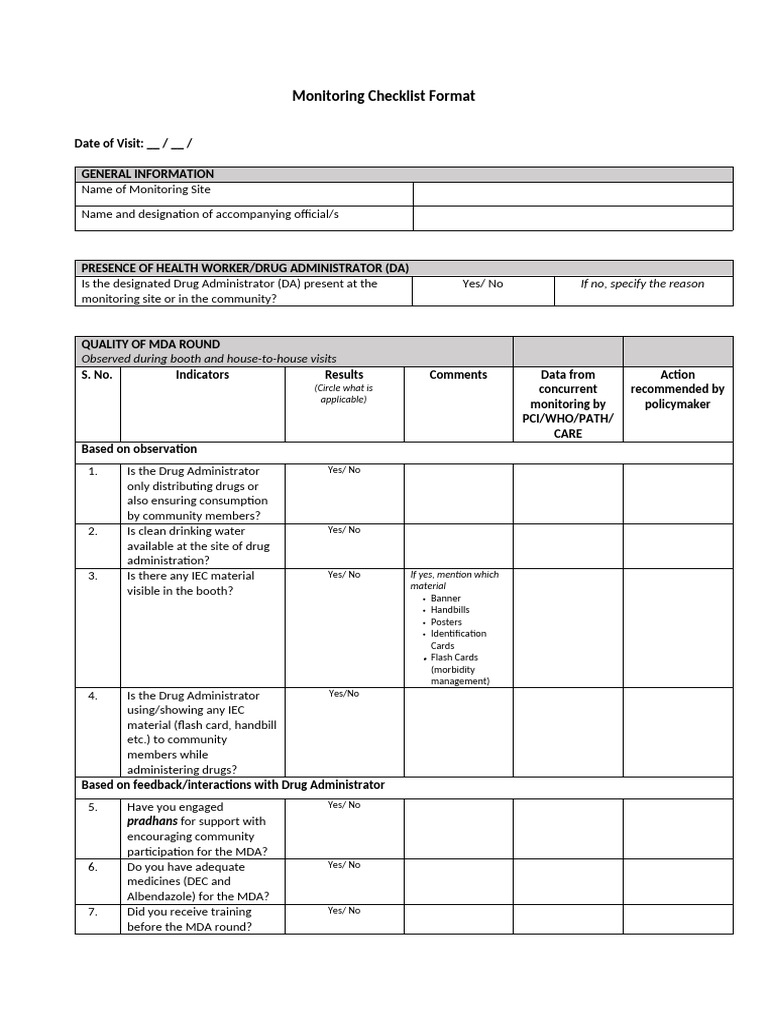 MDA Monitoring Checklist Template | PDF