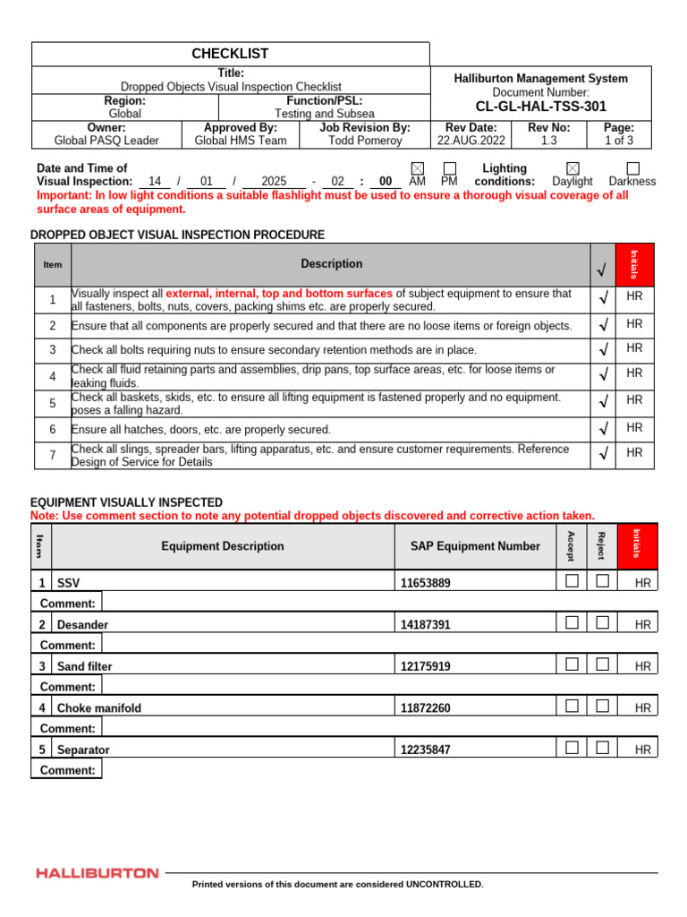 Dropped Objects Inspection Checklist | PDF