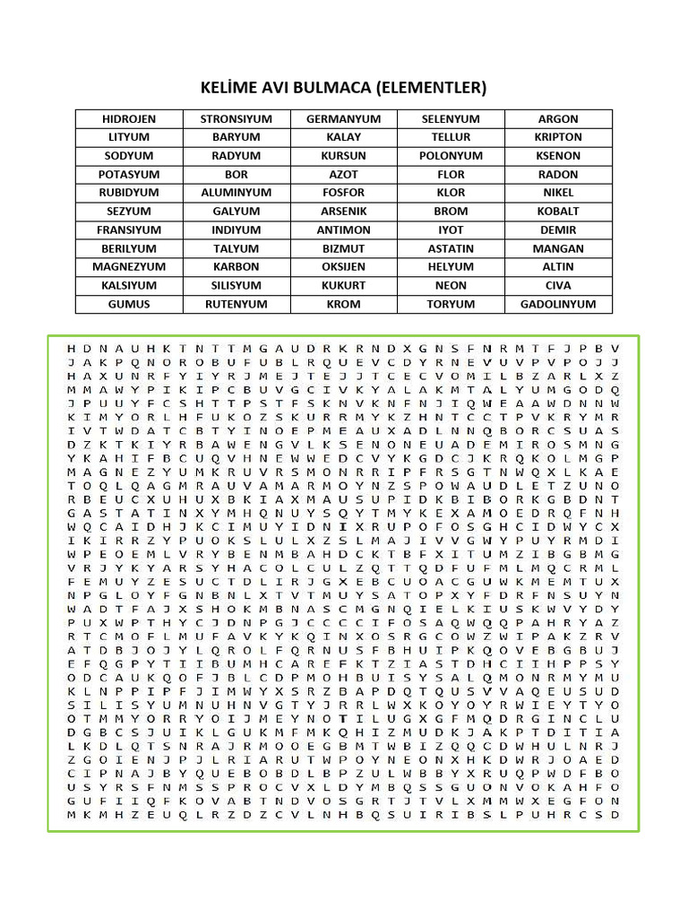 Kelime Avı Bulmaca (Elementler) | PDF