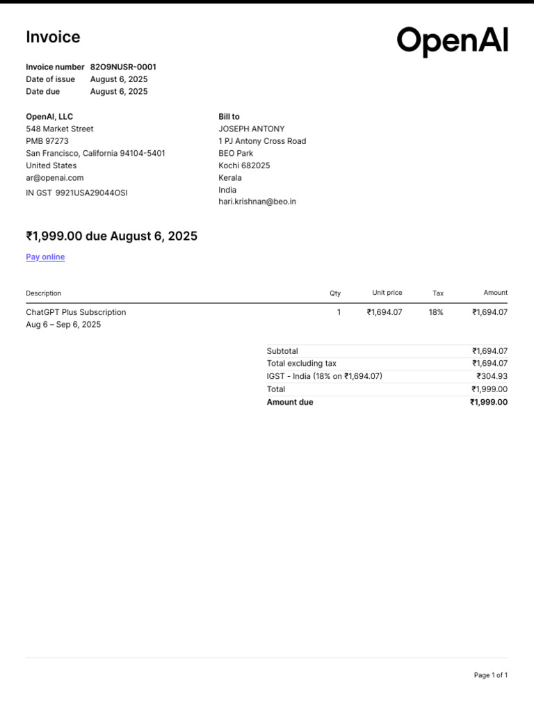 ChatGPT Plus Subscription Invoice | PDF