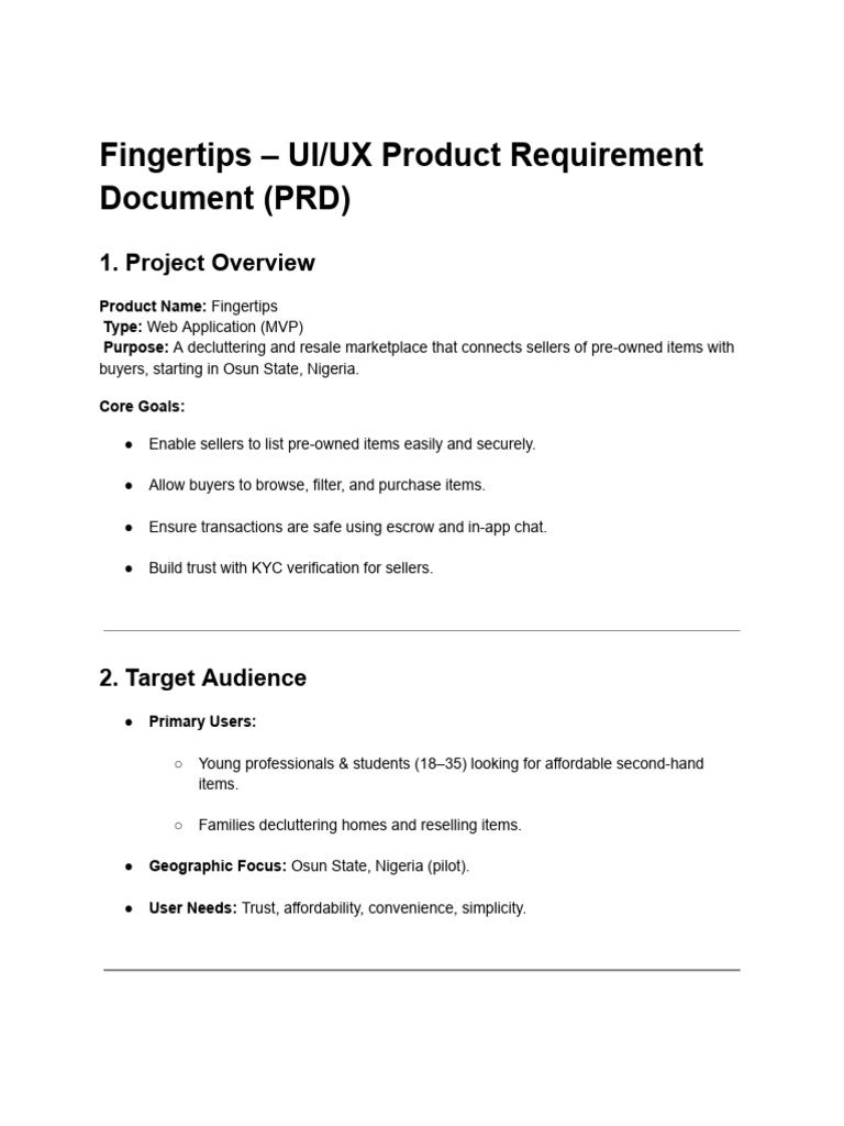 Fingertips - UI-UX Product Requirement Document (PRD) | PDF | Computing ...