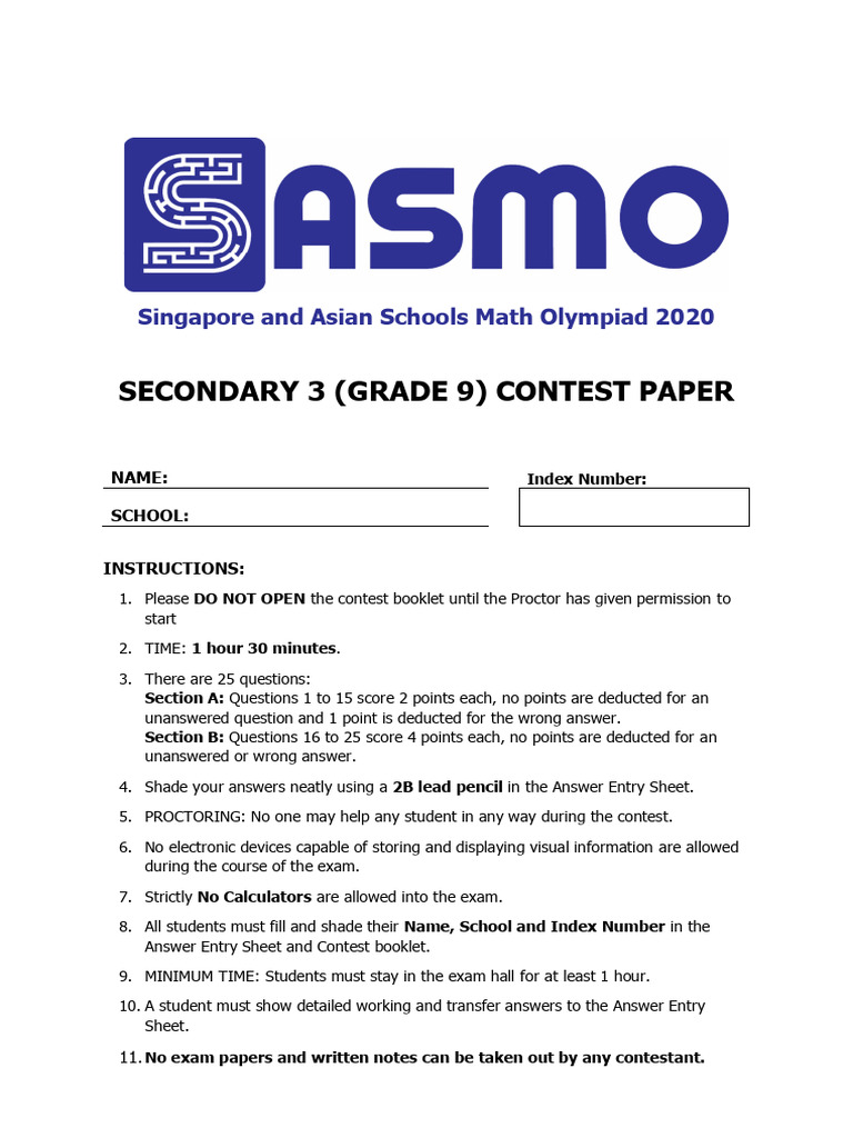 SASMO 2020 Grade 9 Math Contest Paper | PDF | Number Theory | Mathematics