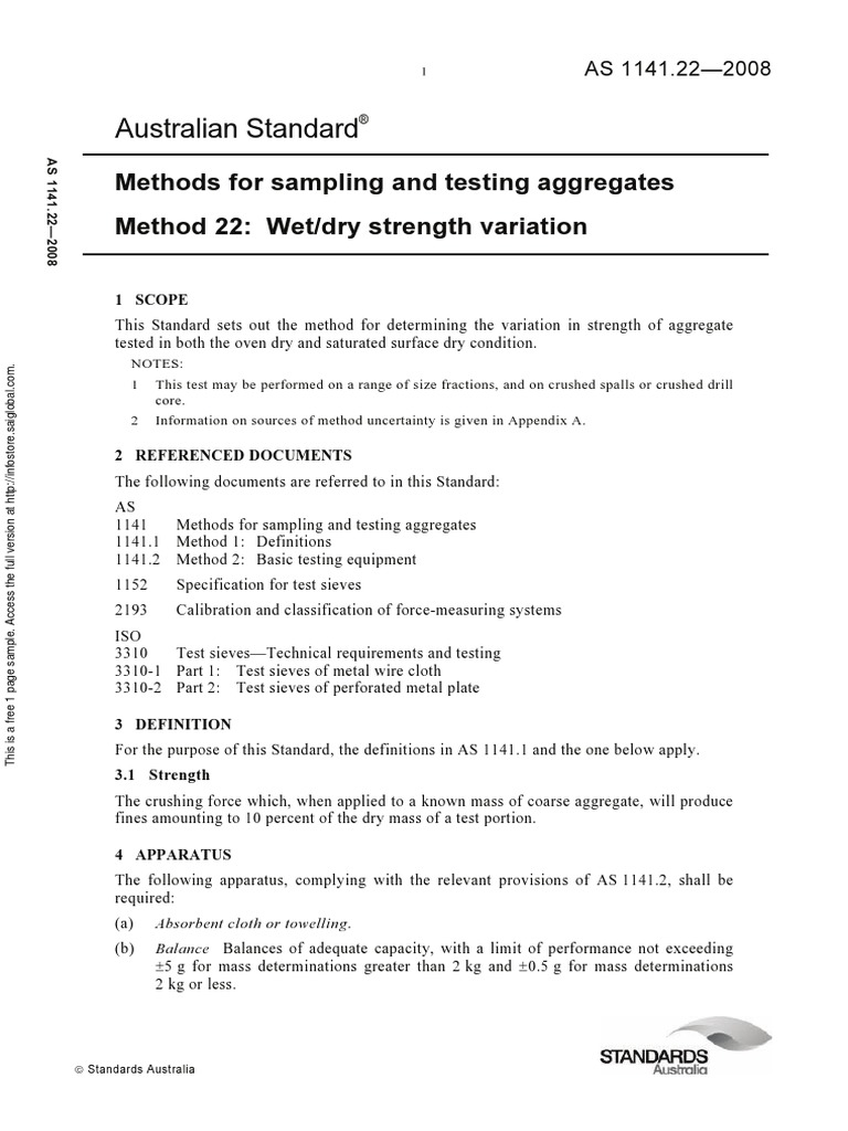 As 1141.222008 Methods For Sampling and Testing Aggregates Wet Dry