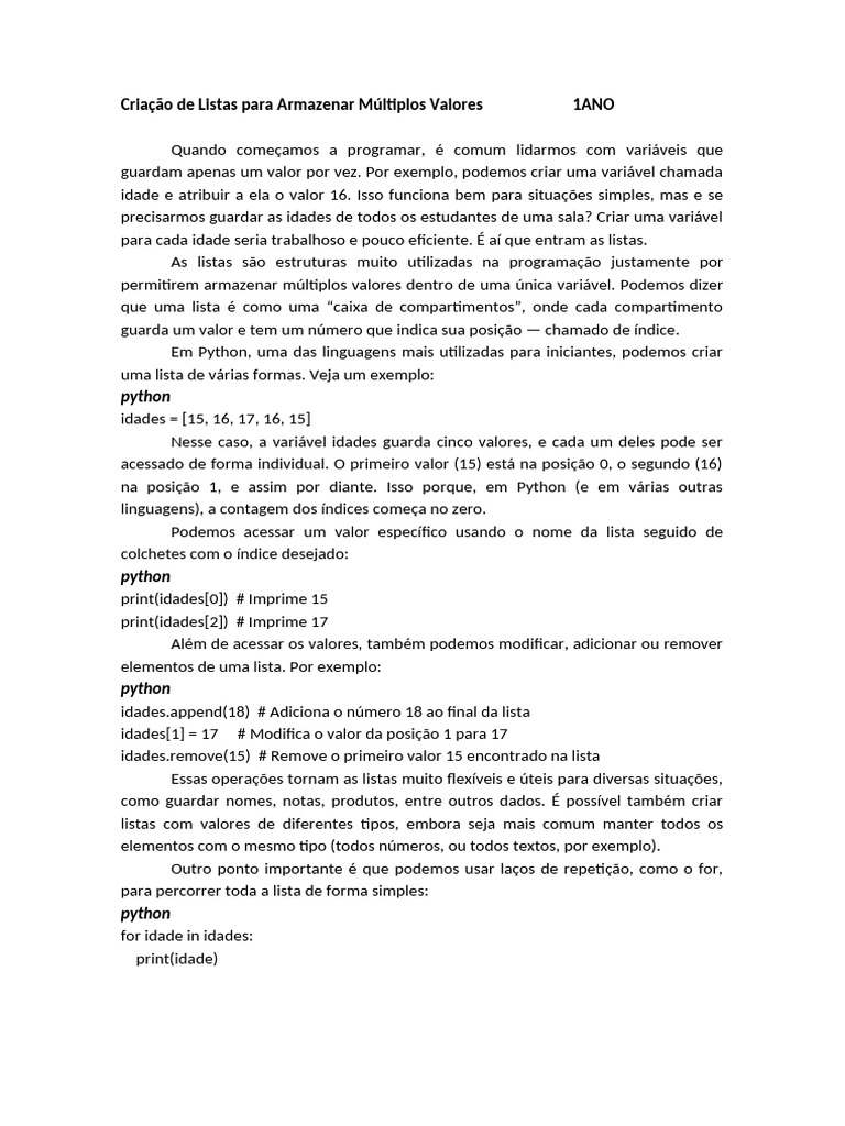Listas em Python: Armazenando Valores Múltiplos | PDF | Python ...