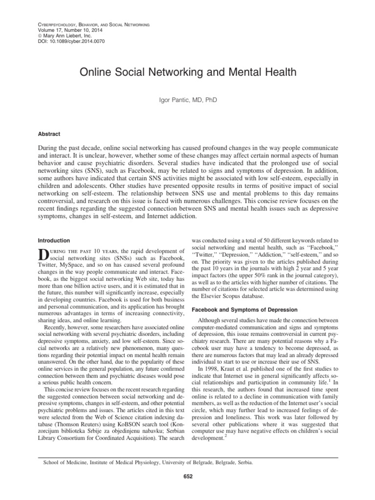 Social Networking's Impact on Mental Health | PDF | Self Esteem ...