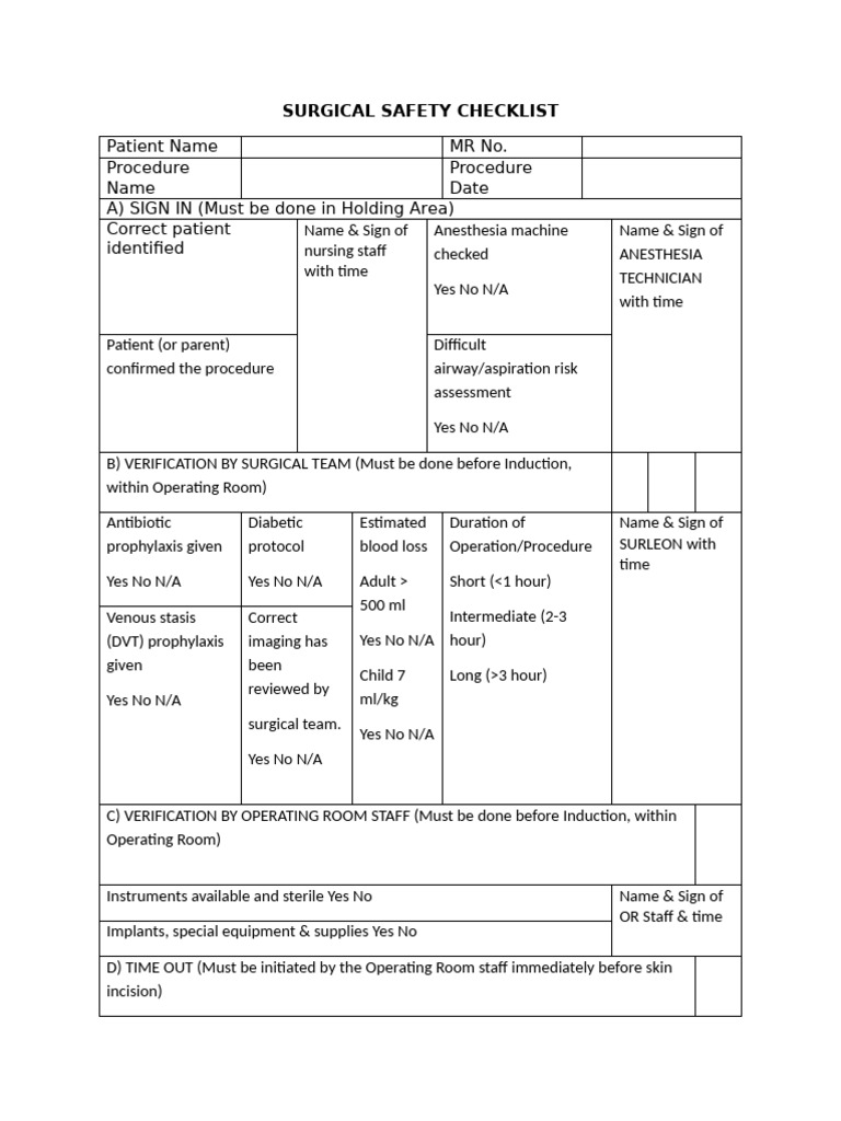 Surgical Safety Checklist Template | PDF | Surgery | Surgical Specialties