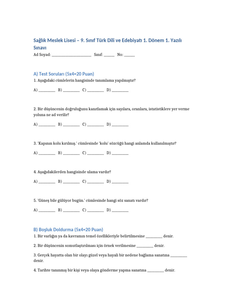9 Sinif Edebiyat Yazili | PDF