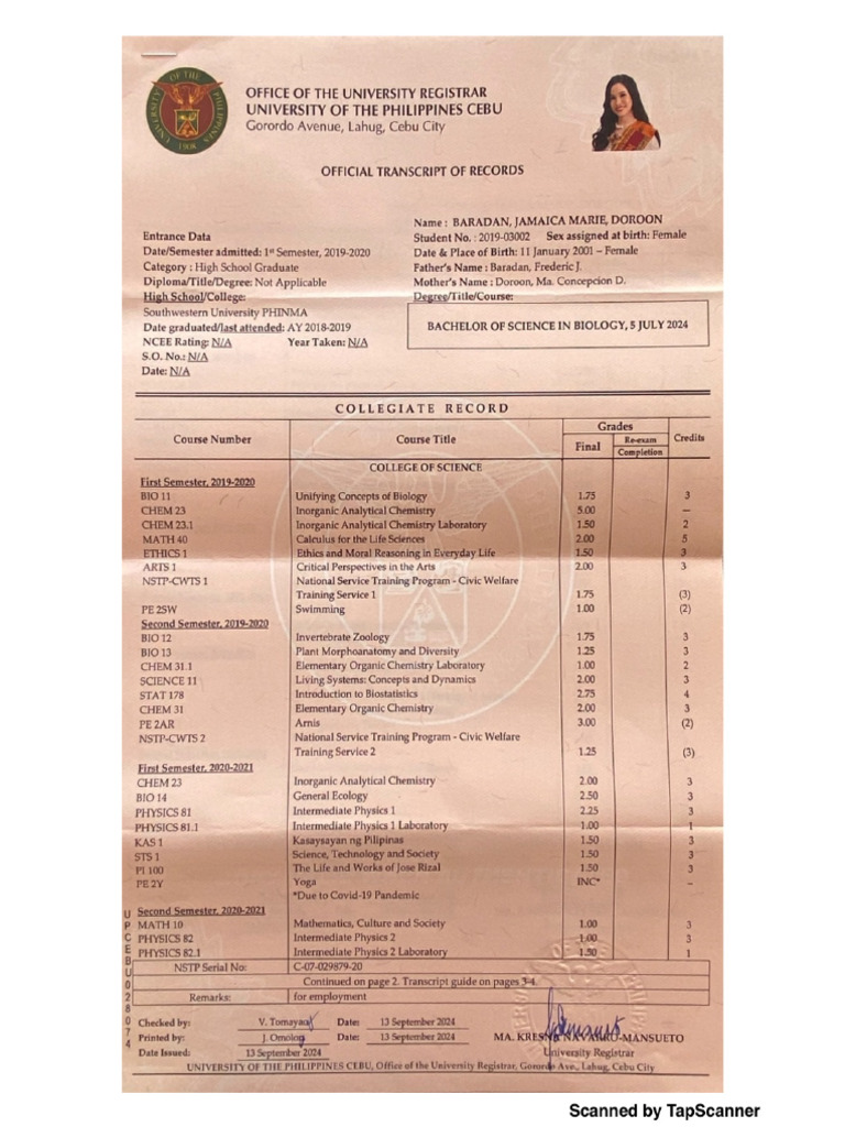 UP Cebu Transcript | PDF