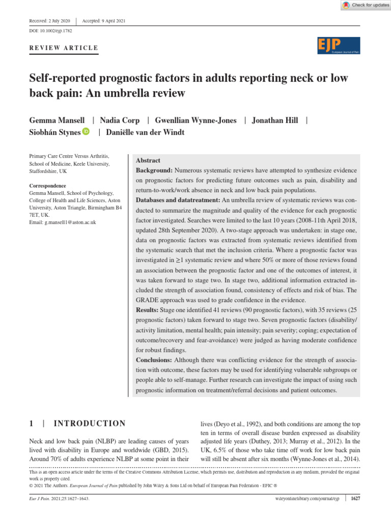 Prognostic Factors for Neck and Back Pain | PDF | Systematic Review | Risk