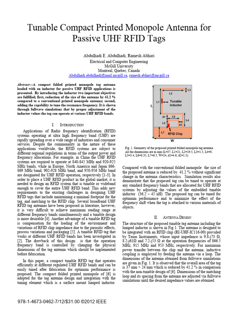 Tunable Monopole Antenna for UHF RFID | PDF | Antenna (Radio) | Radio ...