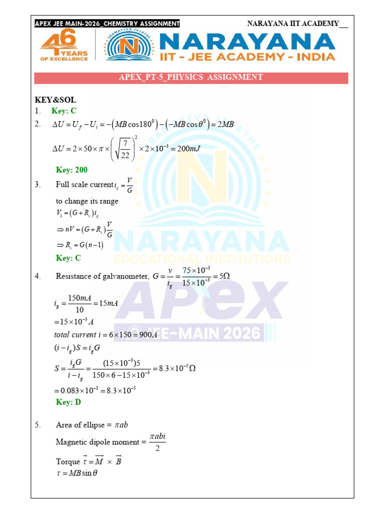 JEE Main 2026 Physics Assignment Solutions | PDF | Magnetic Field | Force