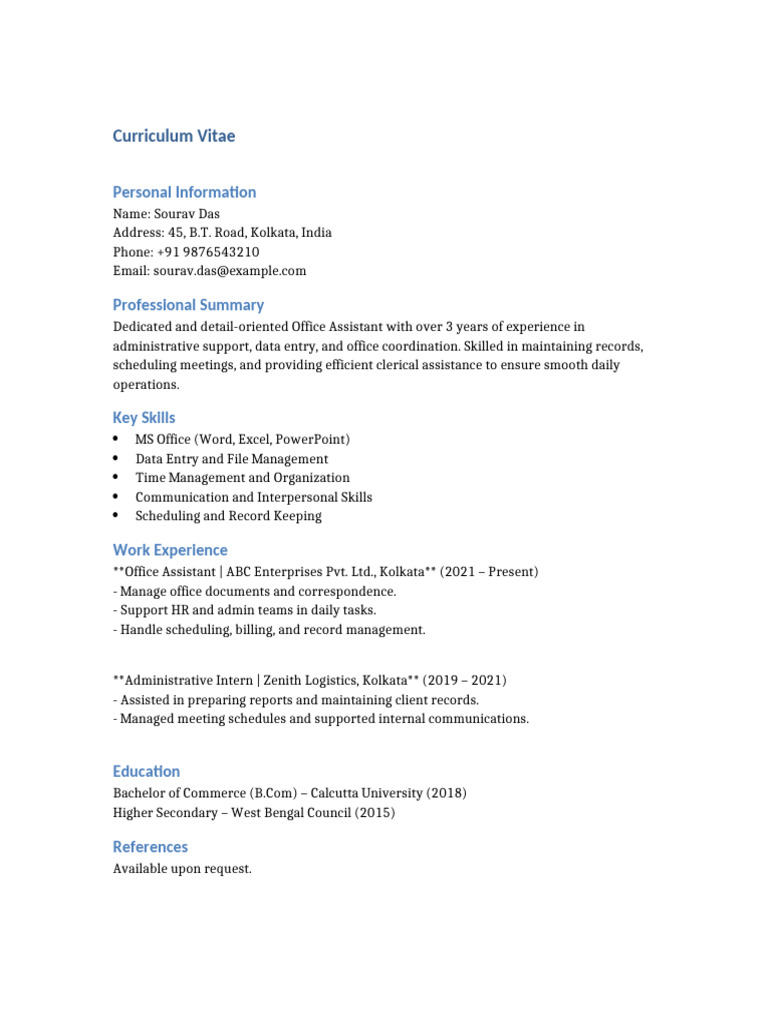 Office Assistant CV - Sourav Das | PDF