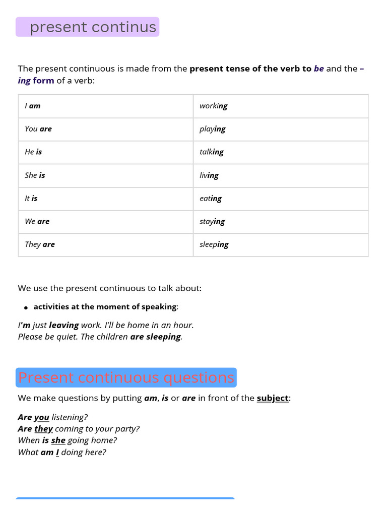 Present Continuous Tense Explained | PDF | Linguistic Morphology ...
