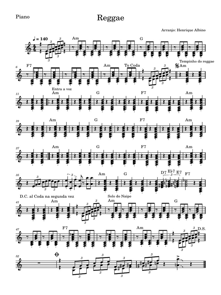 Reggae Piano Chords Arrangement | PDF