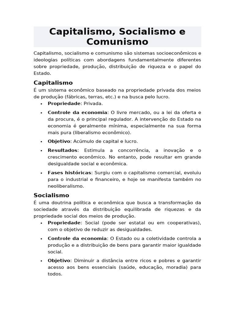 Sistemas Econômicos: Capitalismo, Socialismo e Comunismo | PDF ...