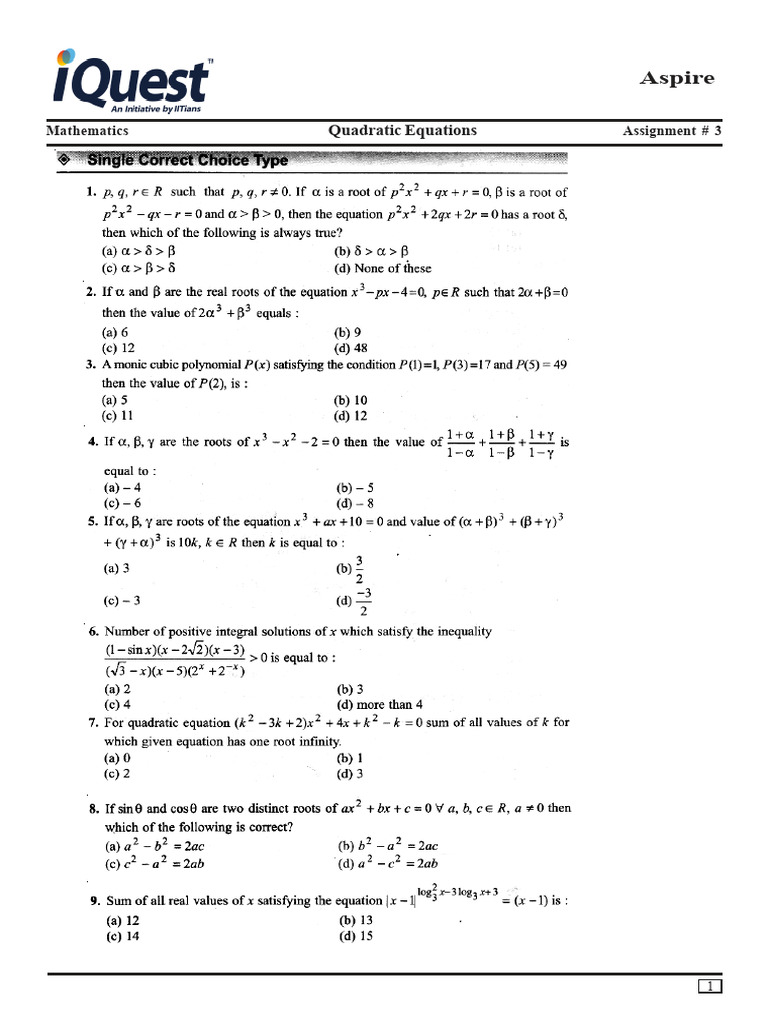Final, Quadratic Equations, Assignment - 3, 11-07-2024 | PDF
