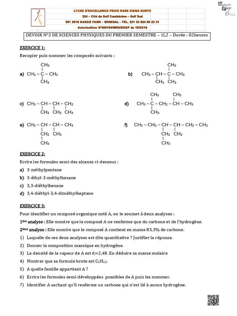Devoir de Sciences Physiques 1L2 - Alcanes | PDF