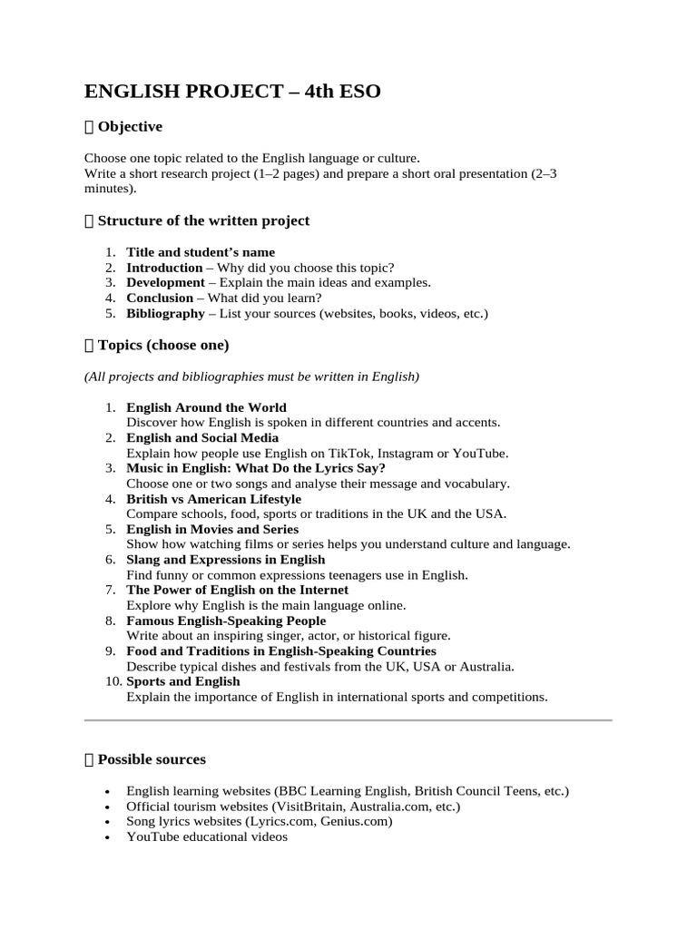 English Project Guidelines for 4th ESO | PDF