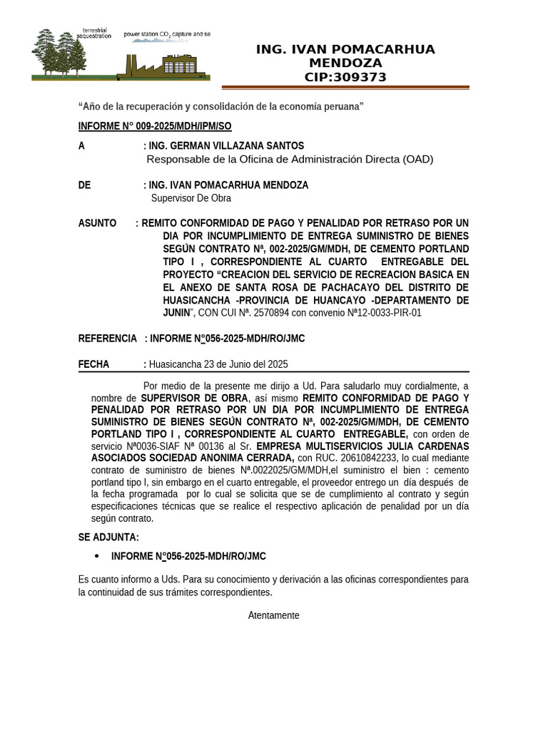 Informe 009 - Conformidad de Cemento Cuarto Entregable Penalida | PDF