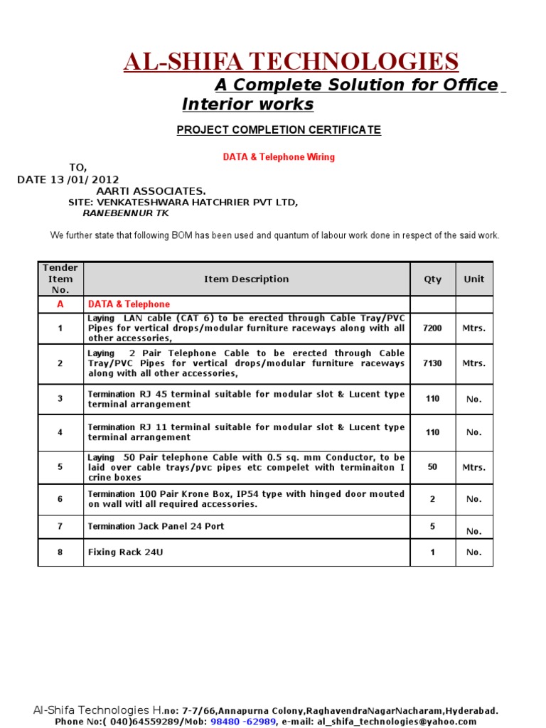 Project Completion Certificate for Wiring | PDF | Computers