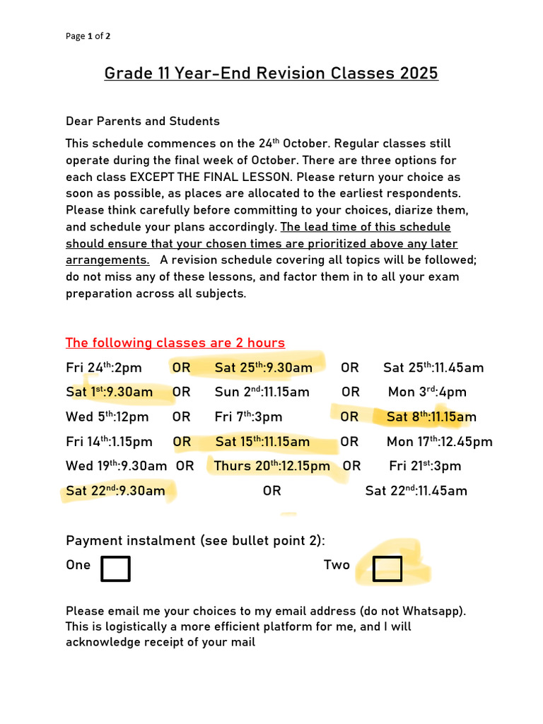 Grade 11 Revision Classes Schedule 2025 | PDF | Sat