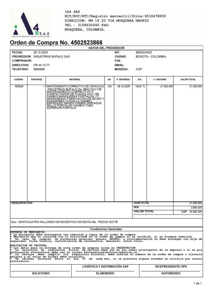 Orden de Compra Mantenimiento Vehículos | PDF | Factura