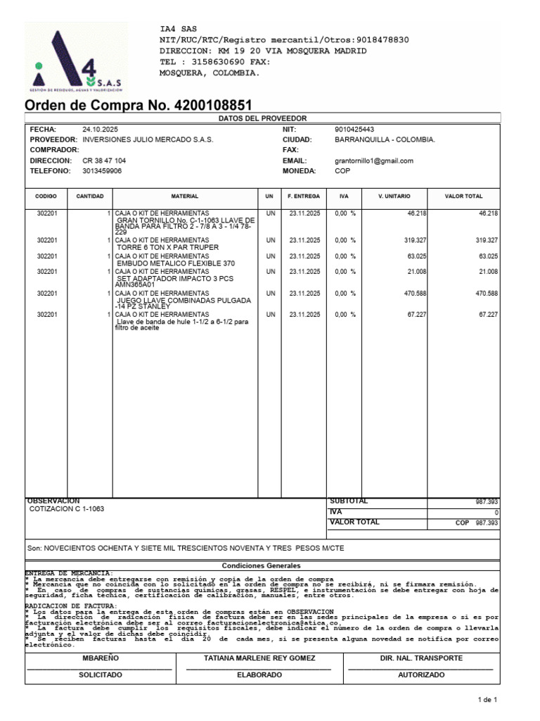 Orden de Compra Herramientas COP 987393 | PDF