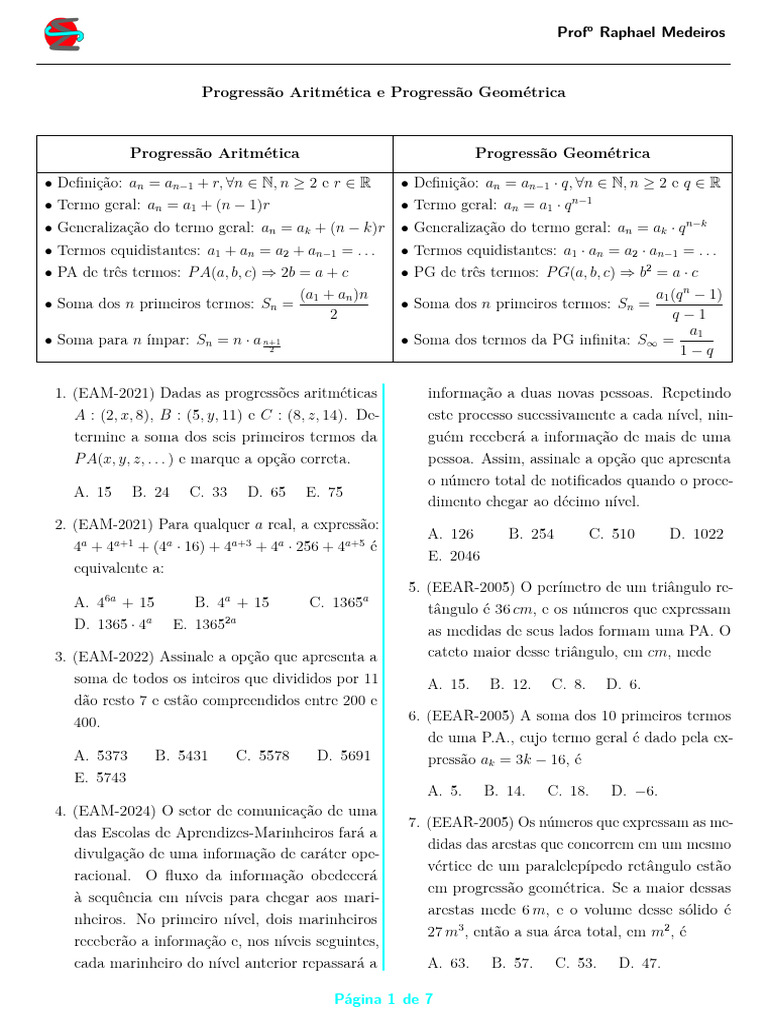 Progressões Aritméticas e Geométricas: Definições e Exemplos | PDF ...