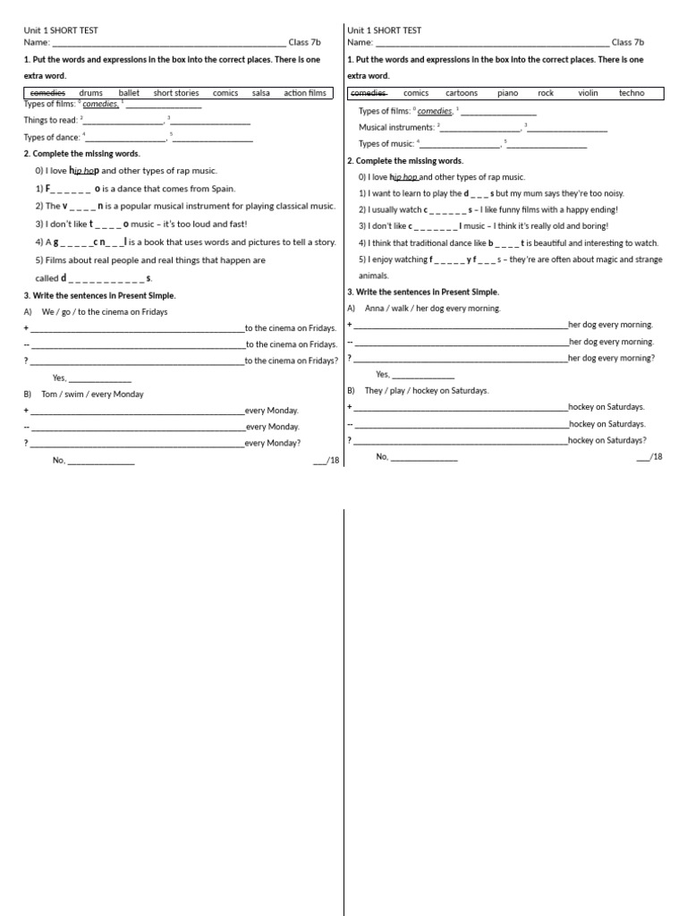 EC A2P Unit 1 Klasa 7b Kartkówka | PDF | Entertainment | Performing Arts