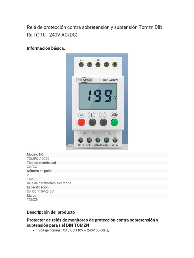 Relé de Protección Contra Sobretensión y Subtensión Tomzn DIN Rail | PDF
