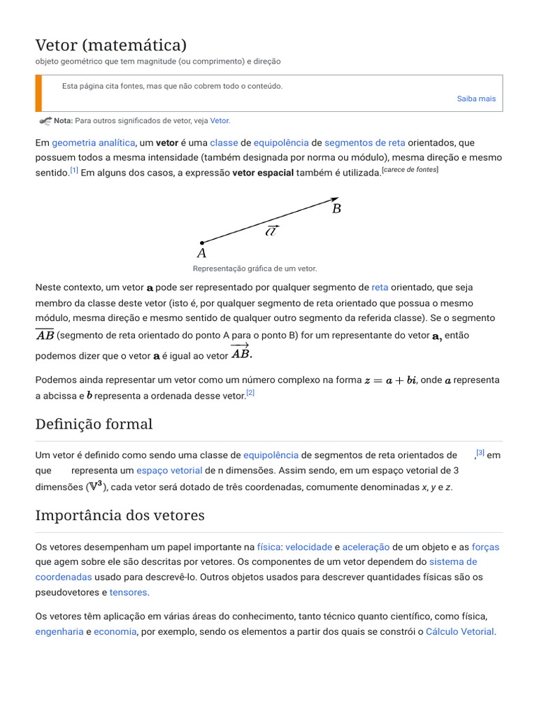 Vetor (Matemática) - Wikipédia, A Enciclopédia Livre | PDF | Vetor ...