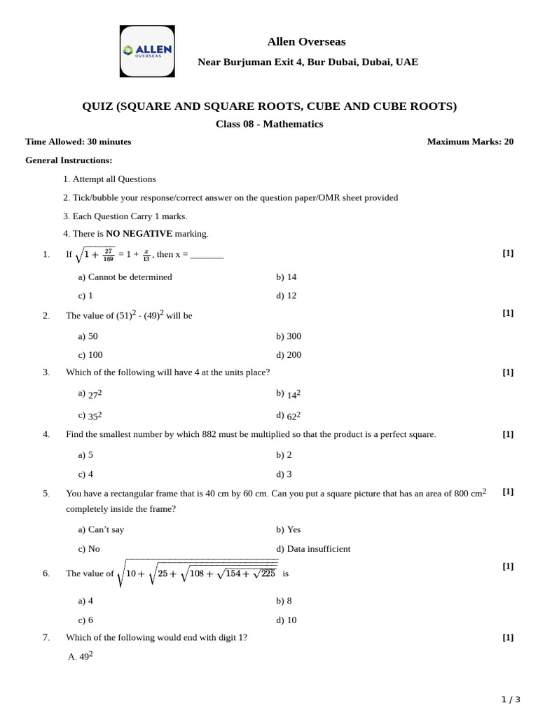 8th Grade Math Quiz: Squares & Cubes | PDF | Numbers | Exponentiation