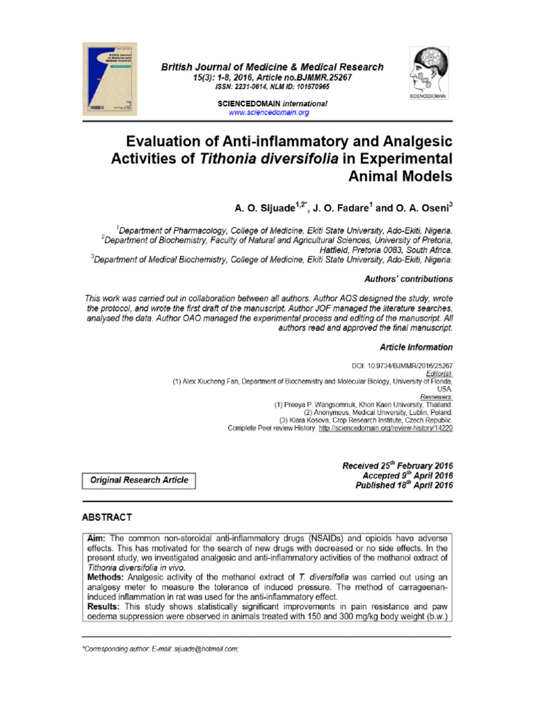 View of Evaluation of Anti-Inflammatory and Analgesic Activities of ...
