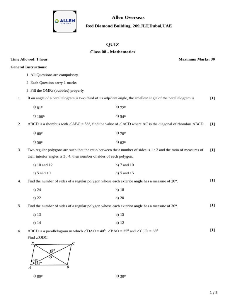 Quiz Class 8 13:08 JLT | PDF | Rectangle | Euclidean Geometry