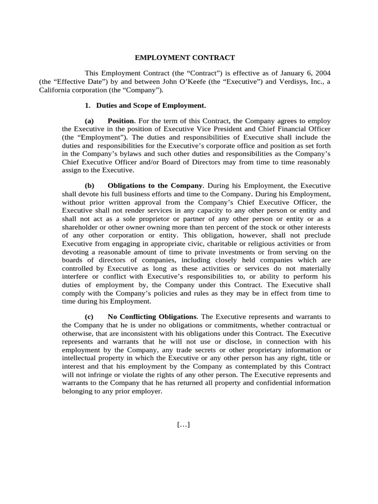 19 Sample Employment Contract, US | PDF | Indemnity | Board Of Directors