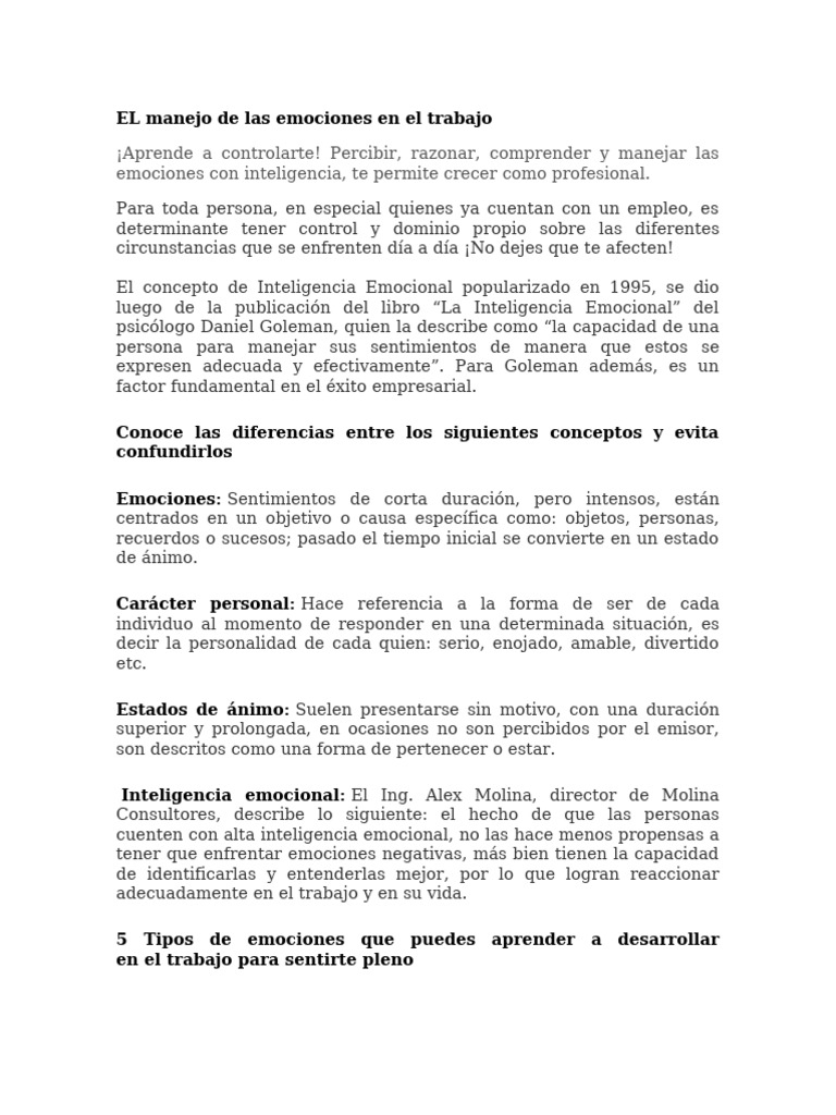 EL Manejo de Las Emociones en El Trabajo | PDF | Las emociones ...