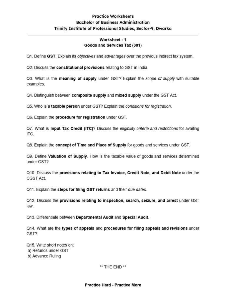 GST Practice Worksheets for BBA Students | PDF | Taxes | Government ...