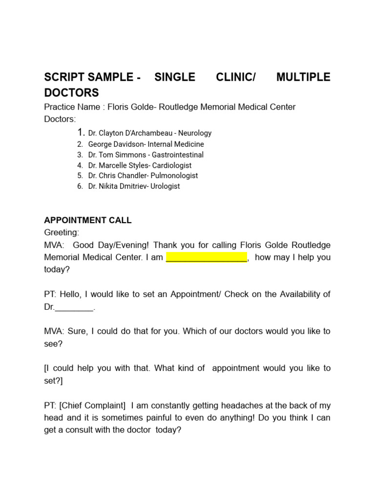 Appointment Script for Medical Center | PDF | Medical Specialties ...