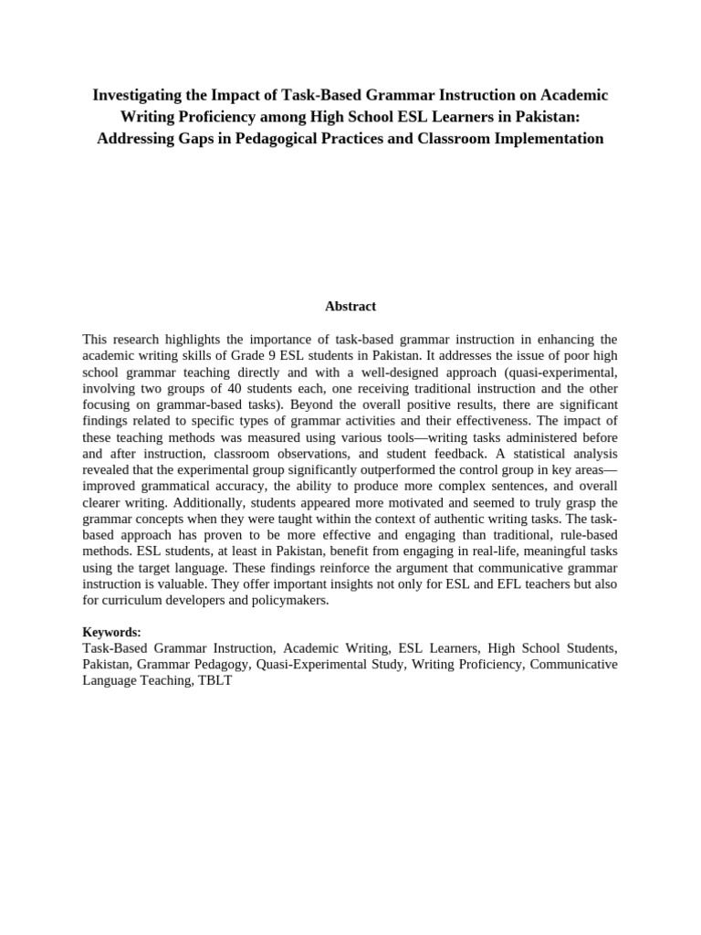Task-Based Grammar in ESL Writing | PDF | English As A Second Or ...