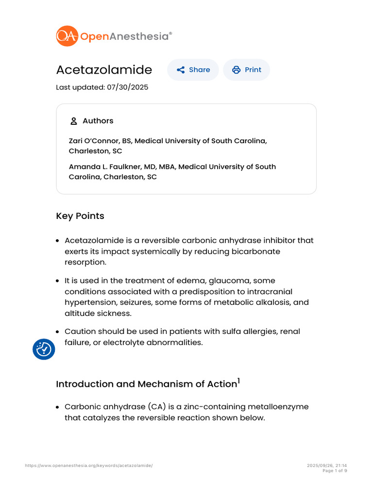 Acetazolamide - OpenAnesthesia | PDF | Medical Specialties | Clinical ...