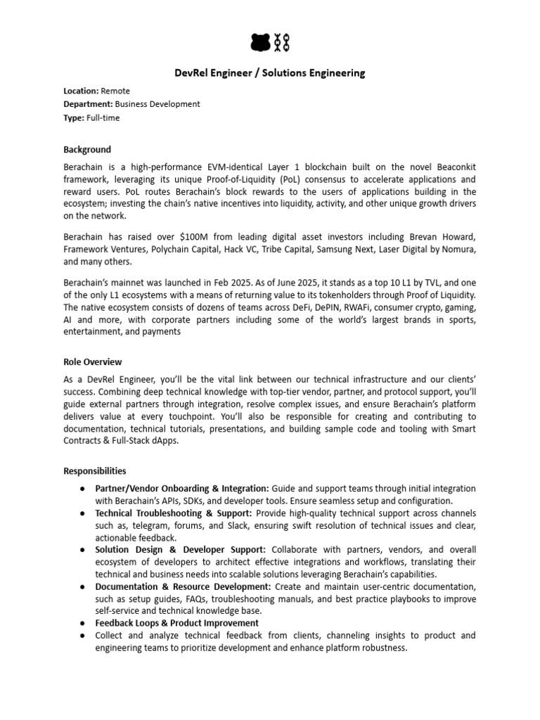 Berachain - DevRel Engineer - Solutions Engineering JD | PDF | Computing