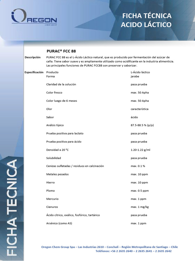 Ficha Técnica de Ácido Láctico PURAC® FCC 88 | PDF | Ácido láctico ...