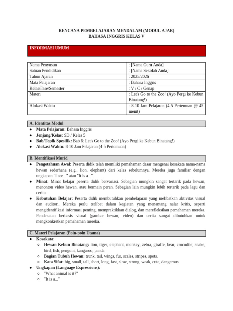 Modul Ajar Bahasa Inggris Kelas V: Kebun Binatang | PDF