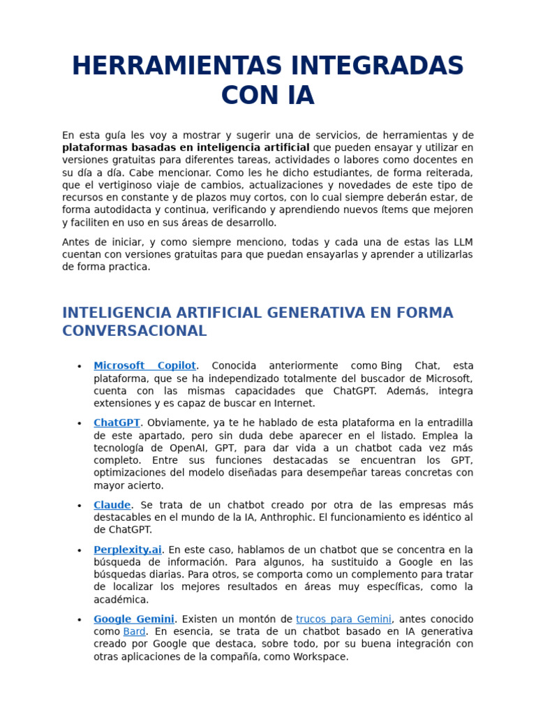 Herramientas IA Gratuitas para Docentes | PDF | Inteligencia artificial ...