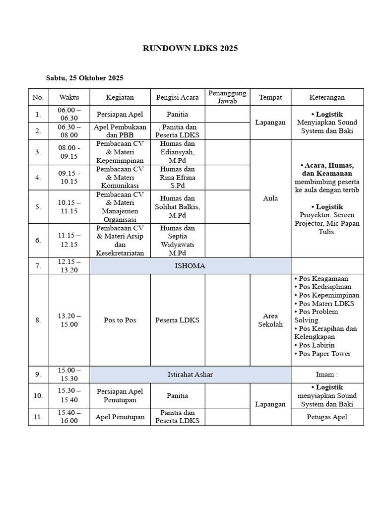Rundown LDKS 2025: Jadwal Kegiatan | PDF