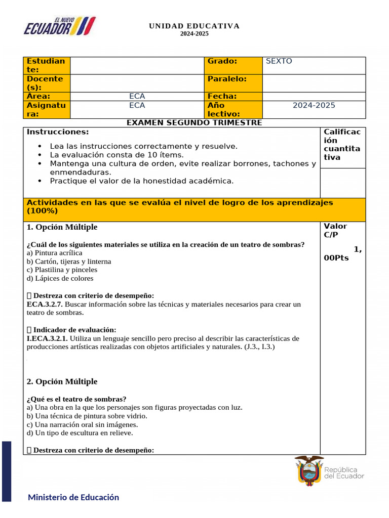 Examen ECA Sexto Grado 2024-2025 | PDF | Teatro | Las emociones