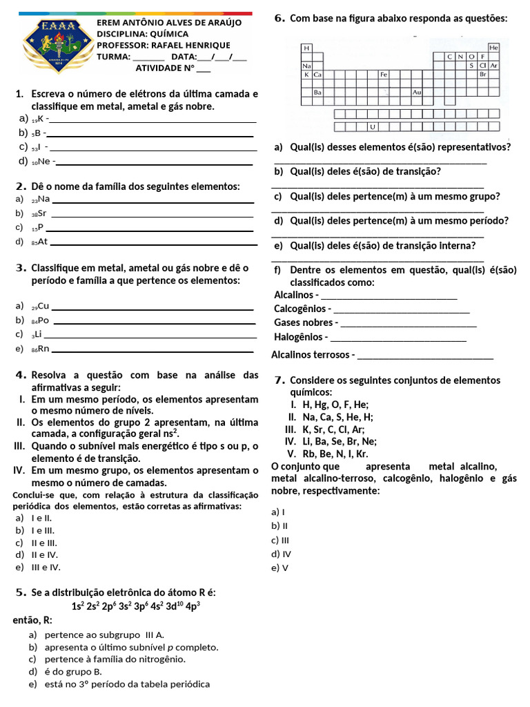 Atividade 3 - Classificação Dos Elementos | PDF | Átomos | Elementos ...