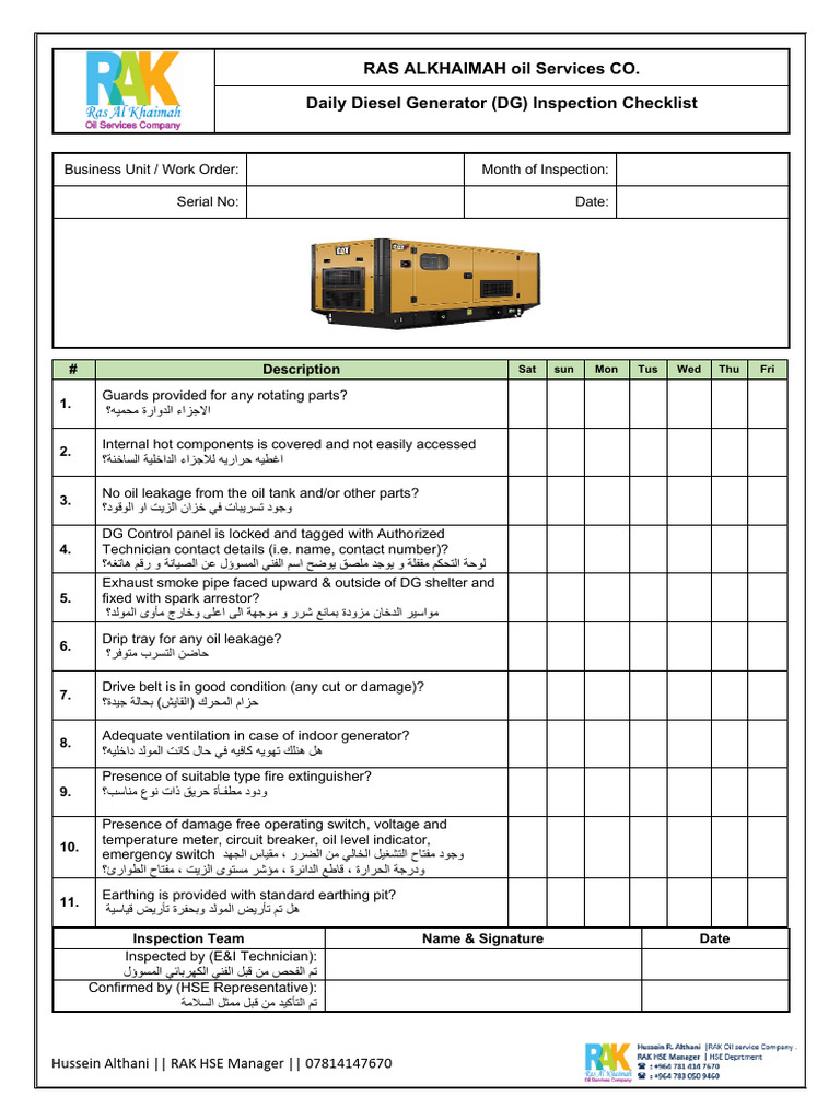 Diesel Generator Inspection Checklist | PDF